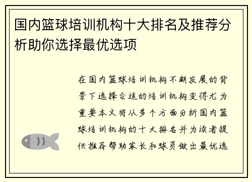 国内篮球培训机构十大排名及推荐分析助你选择最优选项