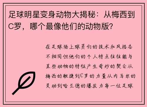 足球明星变身动物大揭秘：从梅西到C罗，哪个最像他们的动物版？