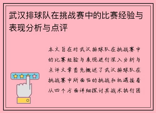 武汉排球队在挑战赛中的比赛经验与表现分析与点评